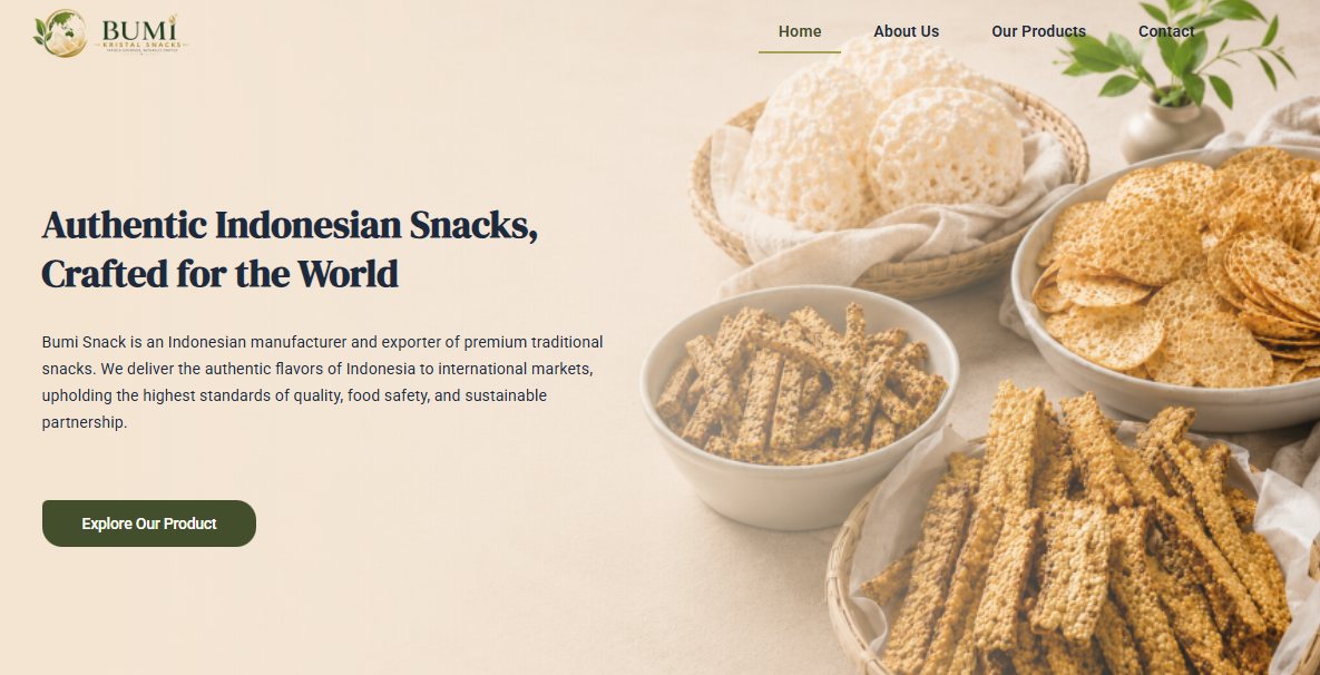 Bumi Snack homepage hero section, split layout with serif headline on a warm cream background beside full-bleed product photography