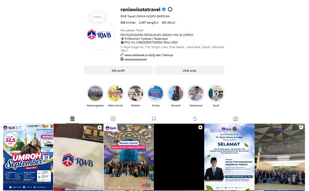 Instagram profile screenshot showing verified badge, follower count, story highlight categories, and a grid of branded promotional graphics and photo content