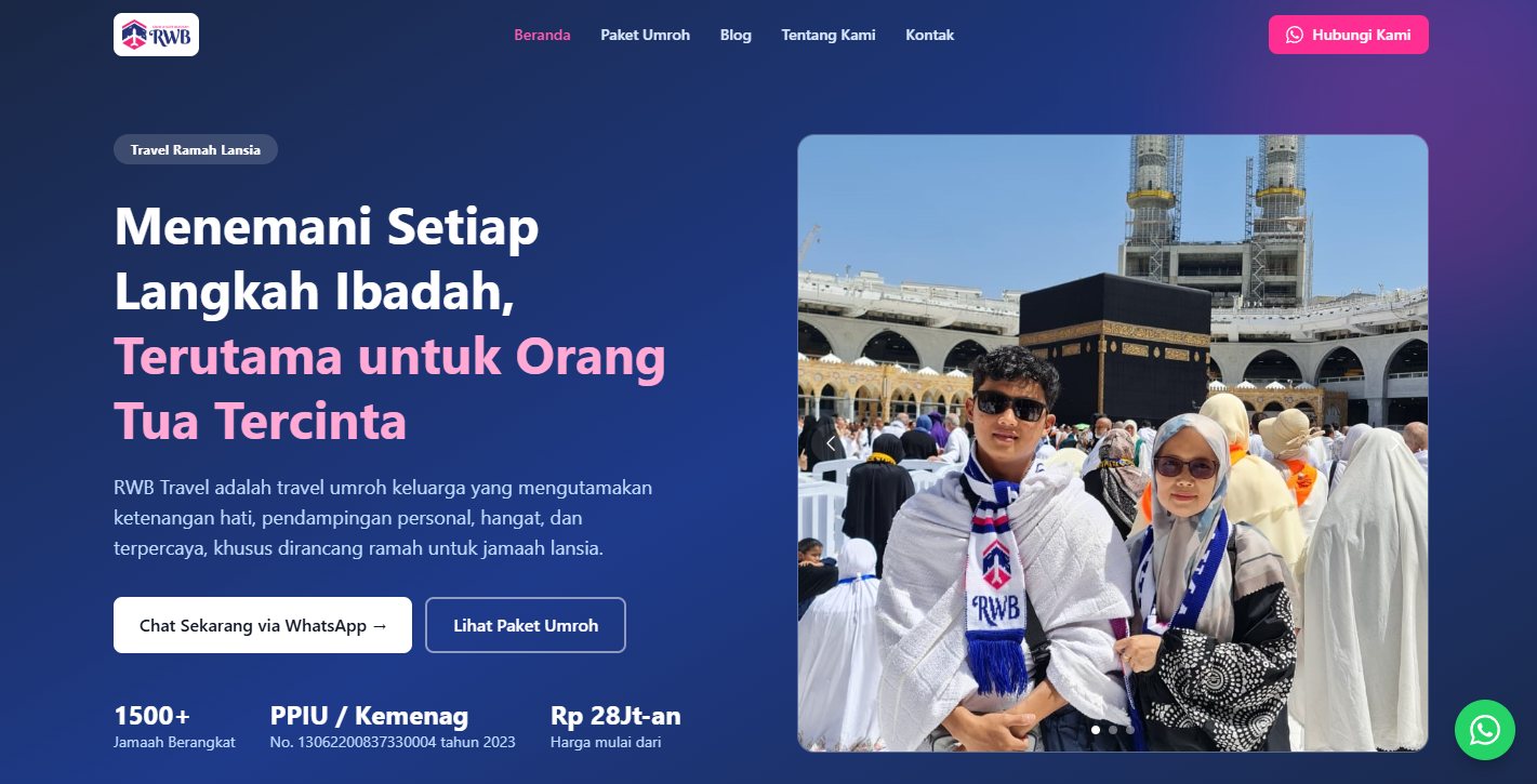 Client website homepage hero section, dark navy-to-purple gradient with magenta accent headline, customer photo, and trust stats bar